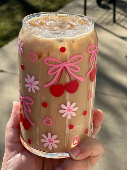 Cherry Coquette Bows Glass Can